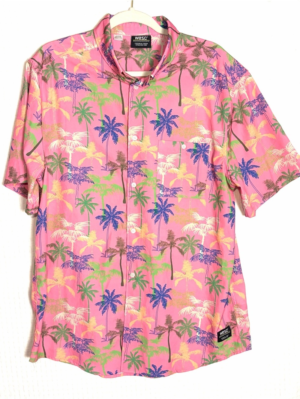 WeSC Pink Tropical Hawaiian Palm Trees Button Down Shirt Unisex Mens L Womens XL